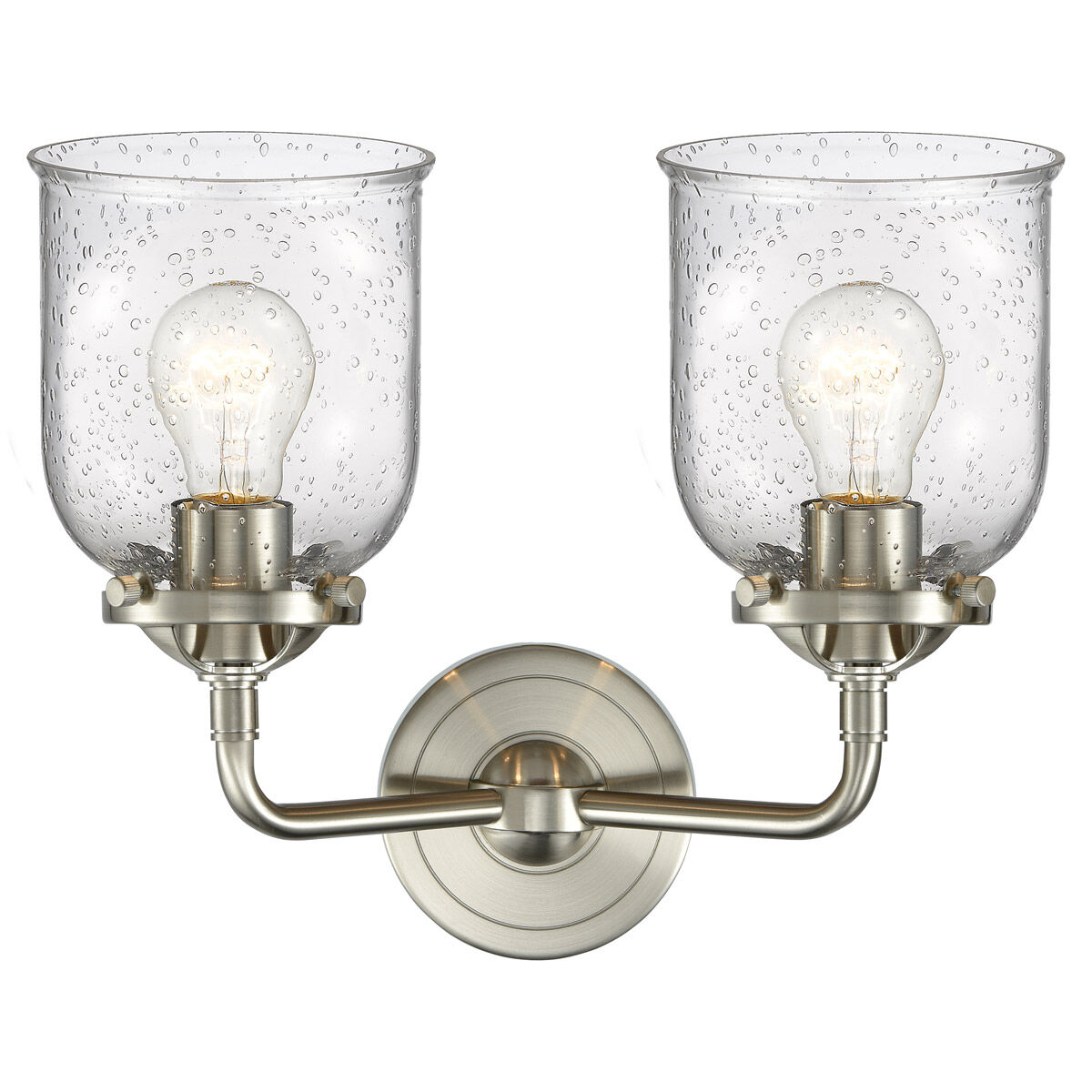 Nouveau Small Bell 2 Light 13 inch Brushed Satin Nickel Bath Vanity Light Wall Light in Seedy Glass, Nouveau