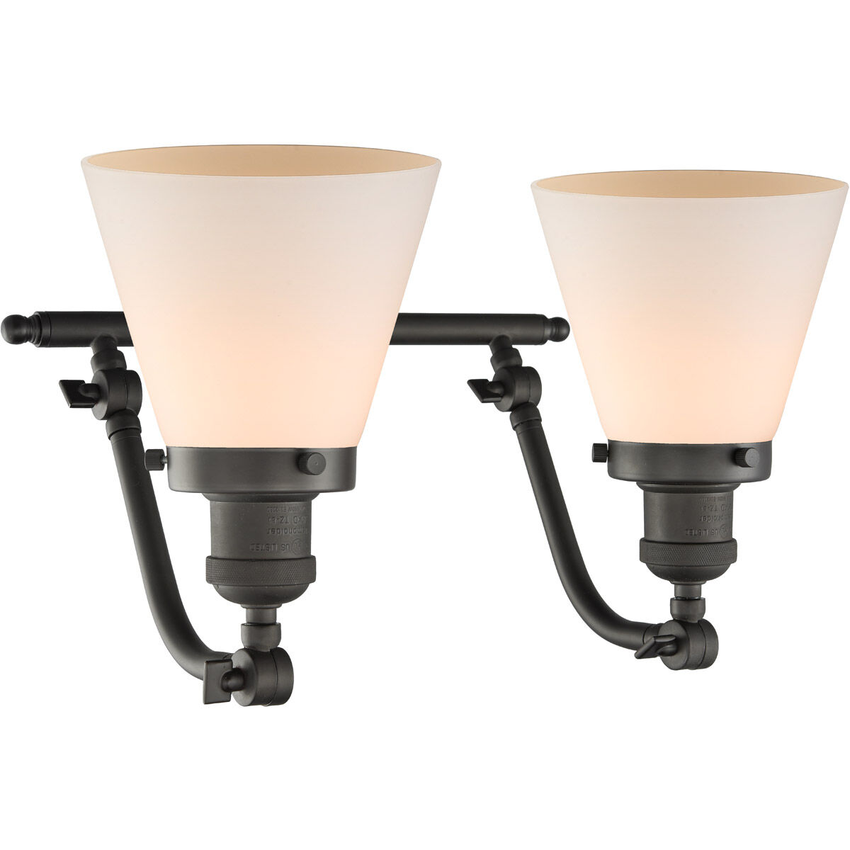 Franklin Restoration Small Cone 2 Light 18 inch Oil Rubbed Bronze Bath Vanity Light Wall Light in Matte White Glass, Franklin Restoration