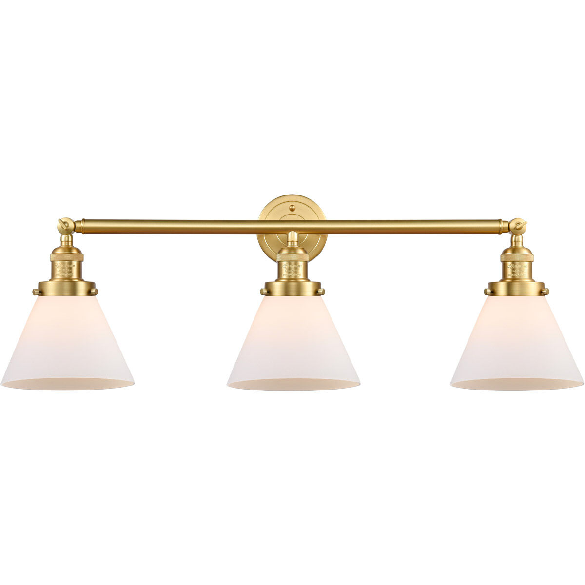 Franklin Restoration Large Cone LED 32 inch Satin Gold Bath Vanity Light Wall Light in Matte White Glass, Franklin Restoration