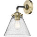 Nouveau Large Cone LED 8 inch Black Antique Brass Sconce Wall Light in Seedy Glass, Nouveau