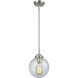 Nouveau Beacon LED 8 inch Brushed Satin Nickel Mini Pendant Ceiling Light in Clear, Nouveau