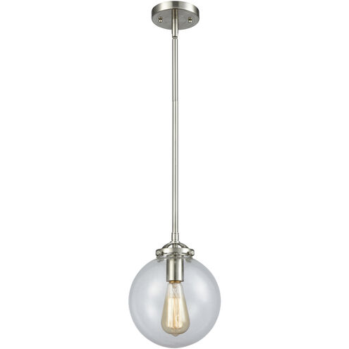 Nouveau Beacon LED 8 inch Brushed Satin Nickel Mini Pendant Ceiling Light in Clear, Nouveau