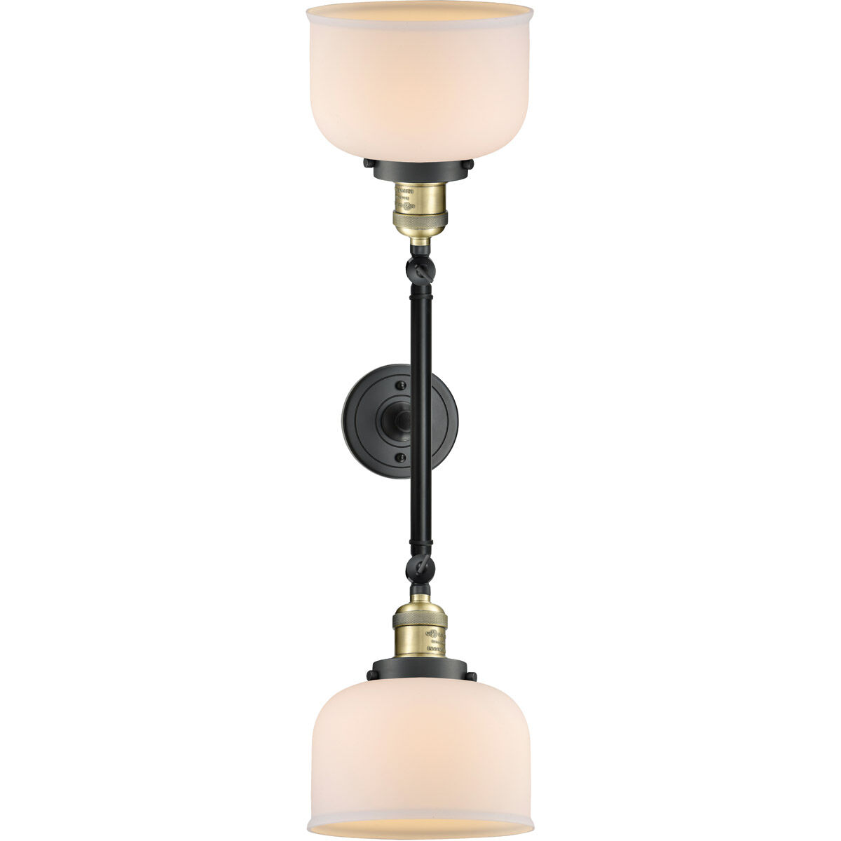 Franklin Restoration Large Bell 2 Light 19 inch Black Antique Brass Bath Vanity Light Wall Light in Matte White Glass, Franklin Restoration