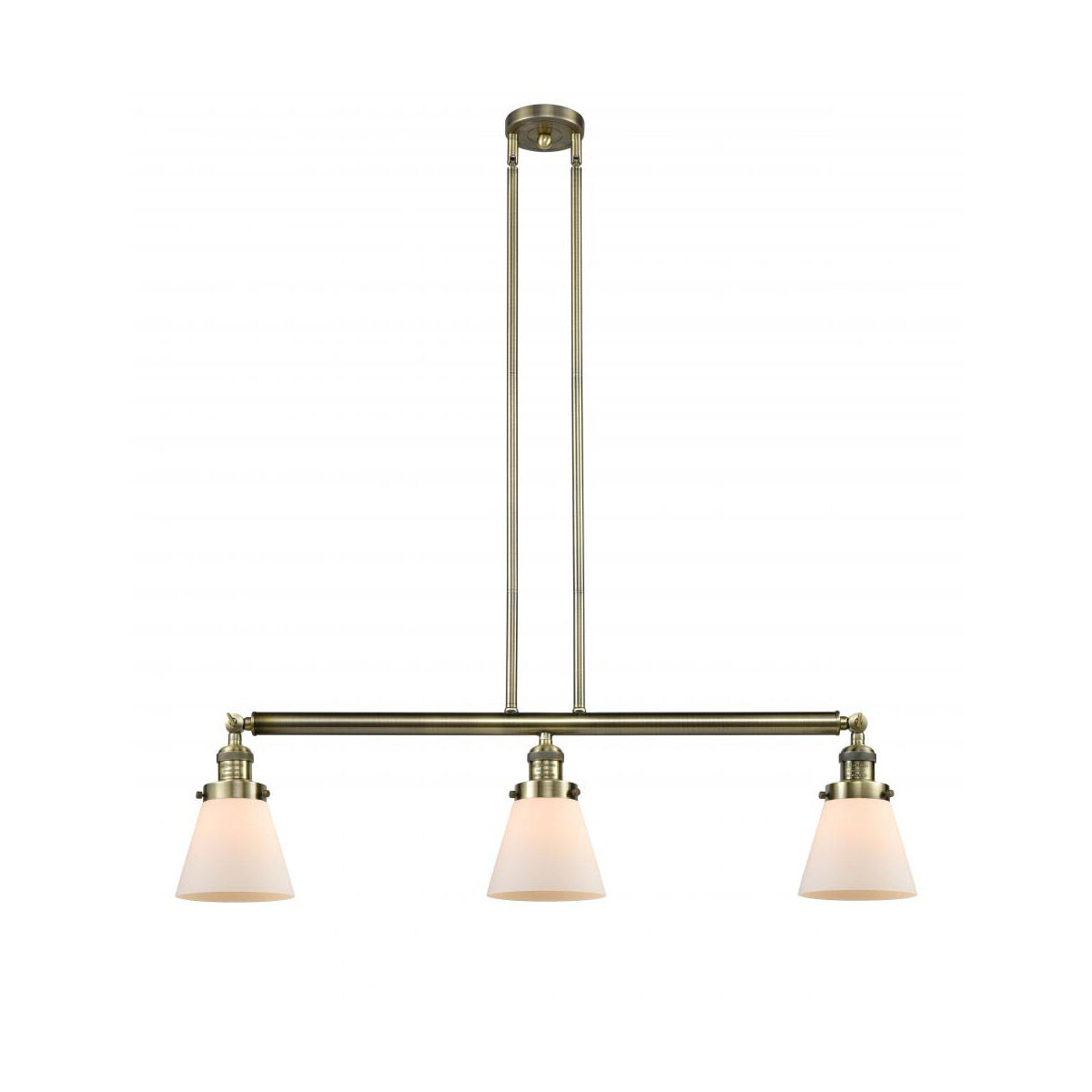 Franklin Restoration Small Cone 3 Light 39 inch Antique Brass Island Light Ceiling Light in Incandescent, Matte White Glass, Franklin Restoration