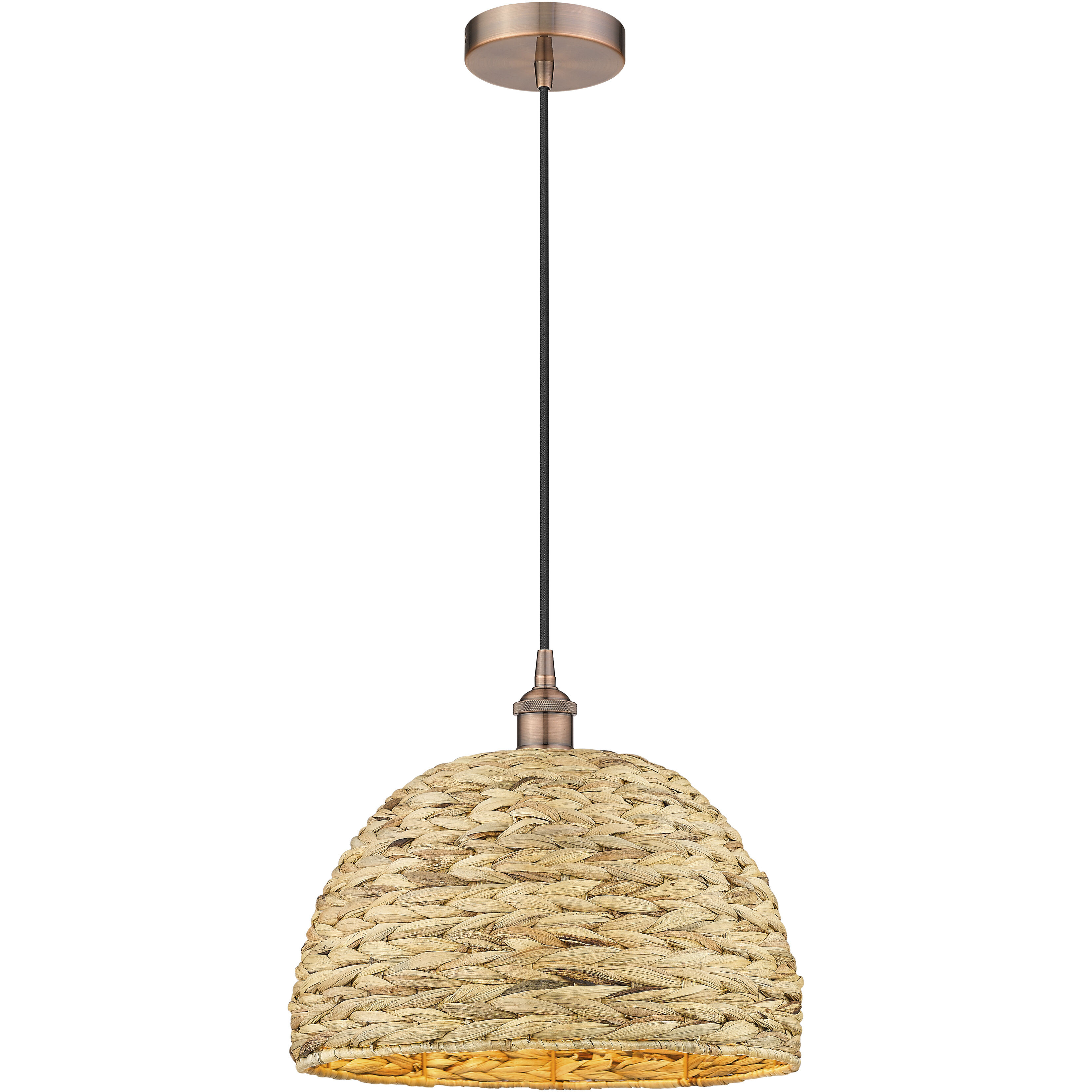 Edison Woven Rattan 1 Light 15.75 inch Antique Copper Mini Pendant Ceiling Light