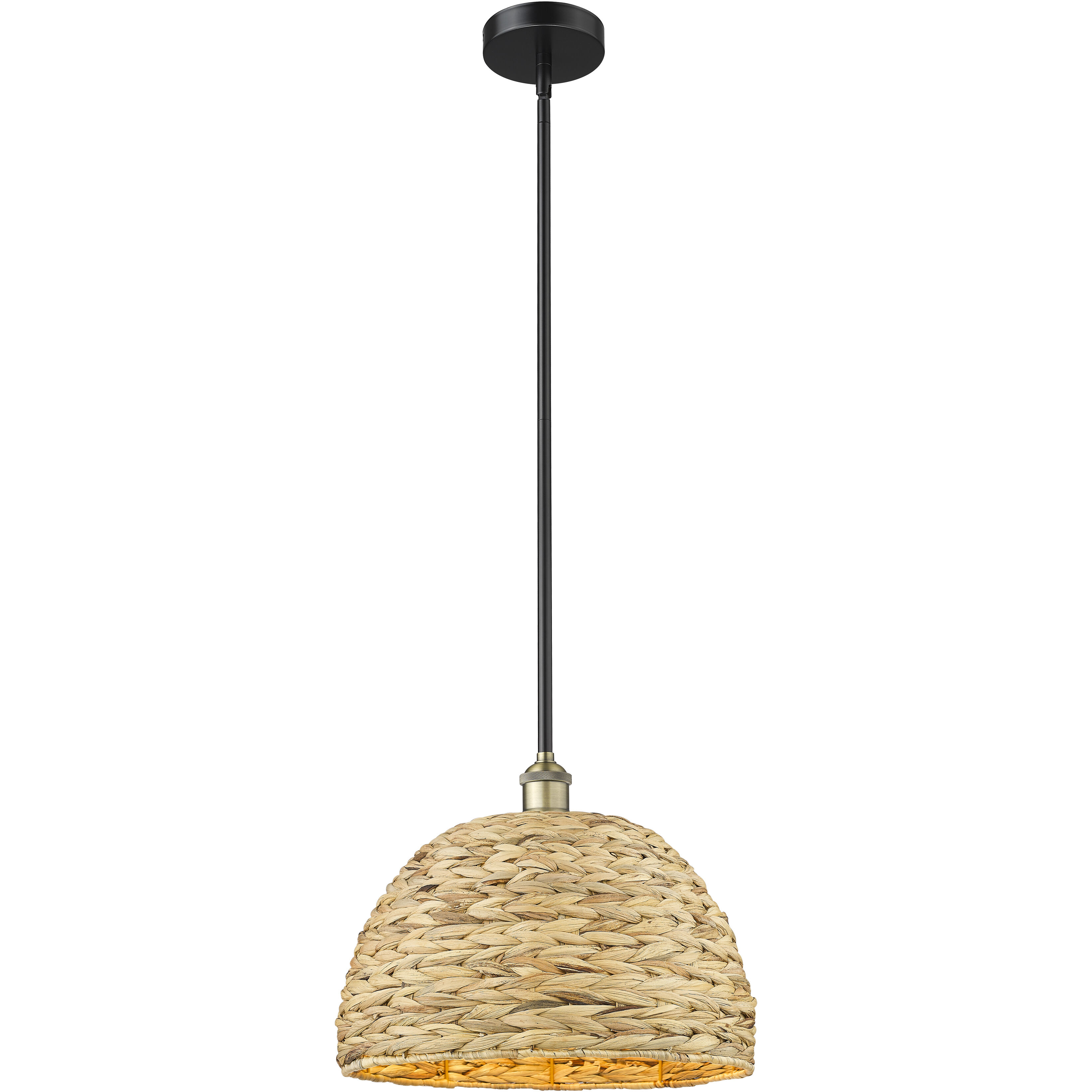 Edison Woven Rattan 1 Light 15.75 inch Black Antique Brass Mini Pendant Ceiling Light
