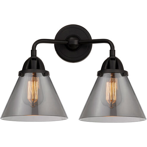 Nouveau 2 Large Cone 2 Light 16 inch Matte Black Bath Vanity Light Wall Light in Plated Smoke Glass