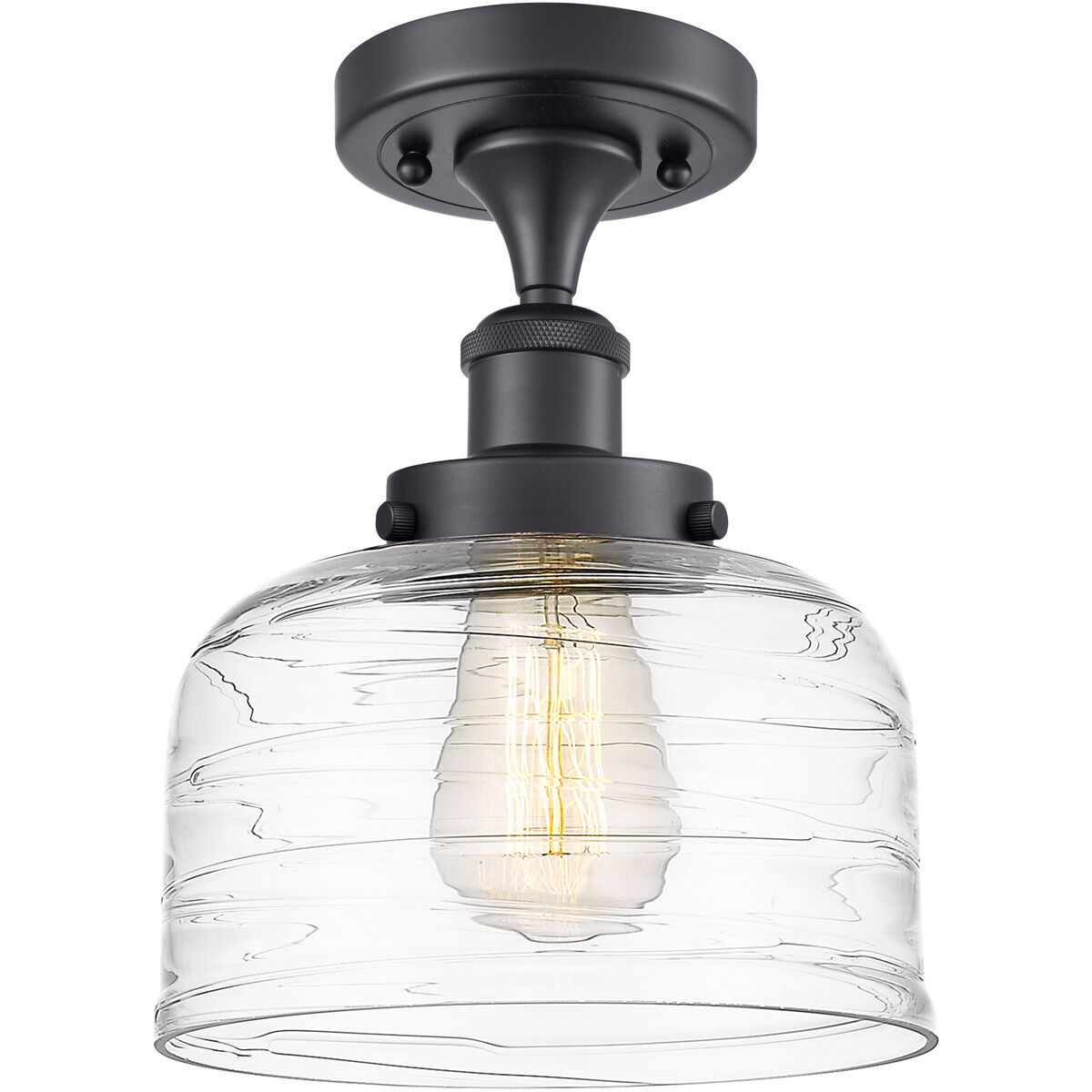Ballston Bell LED 8 inch Matte Black Semi-Flush Mount Ceiling Light in Clear Deco Swirl Glass