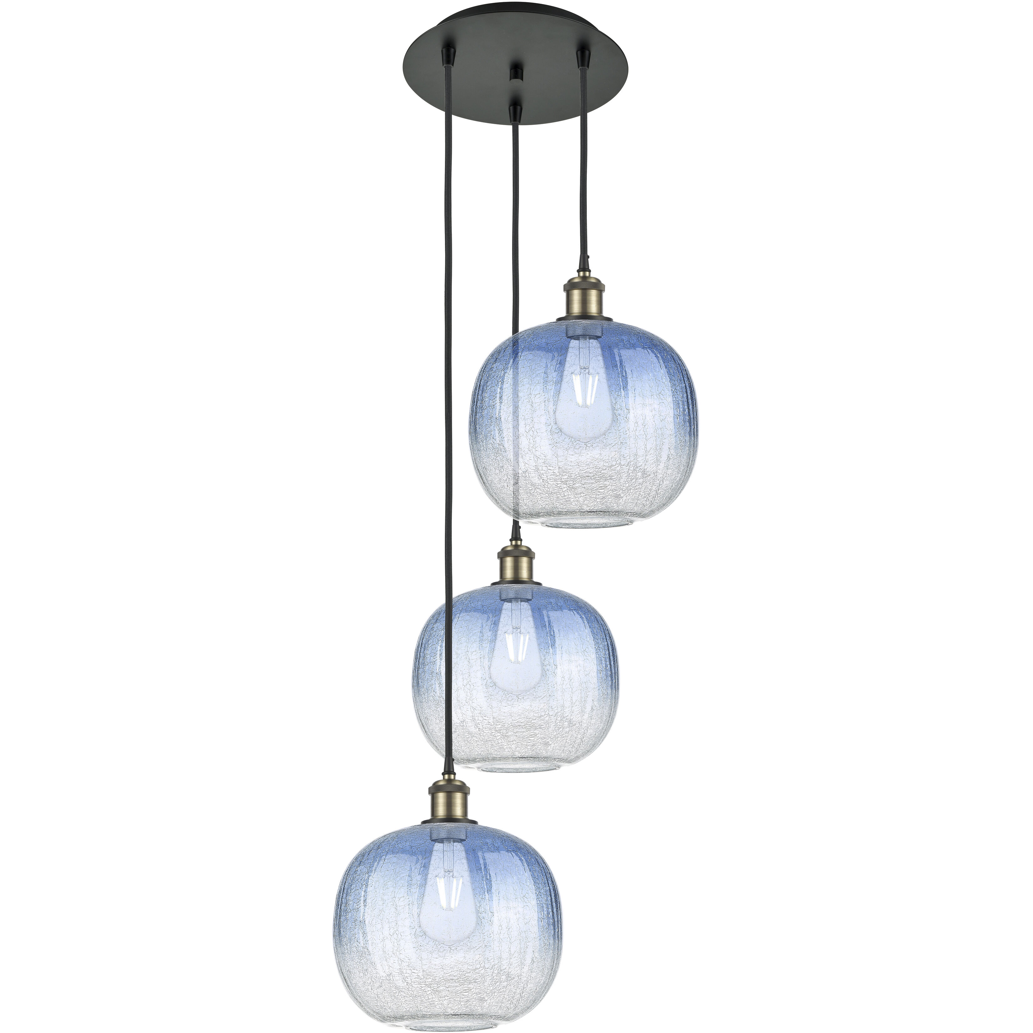 Ballston Brookhaven Sphere 3 Light 17 inch Black Antique Brass Multi Pendant Ceiling Light in Sapphire Blue Glass