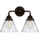 Nouveau 2 Large Cone 2 Light 16 inch Oil Rubbed Bronze Bath Vanity Light Wall Light in Clear Glass