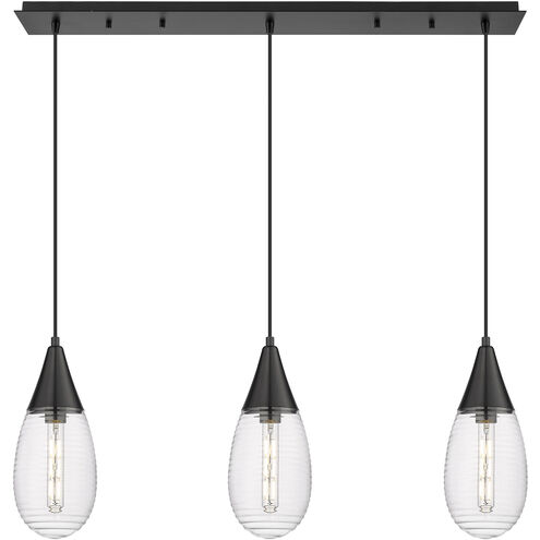 Malone 3 Light 37.75 inch Matte Black Linear Pendant Ceiling Light in Striped Clear Glass