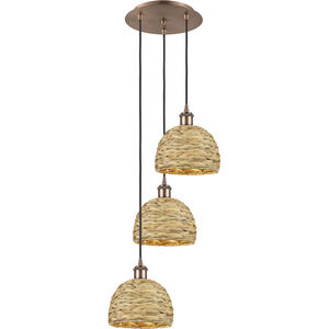 Woven Rattan 3 Light 18.5 inch Antique Copper Multi Pendant Ceiling Light