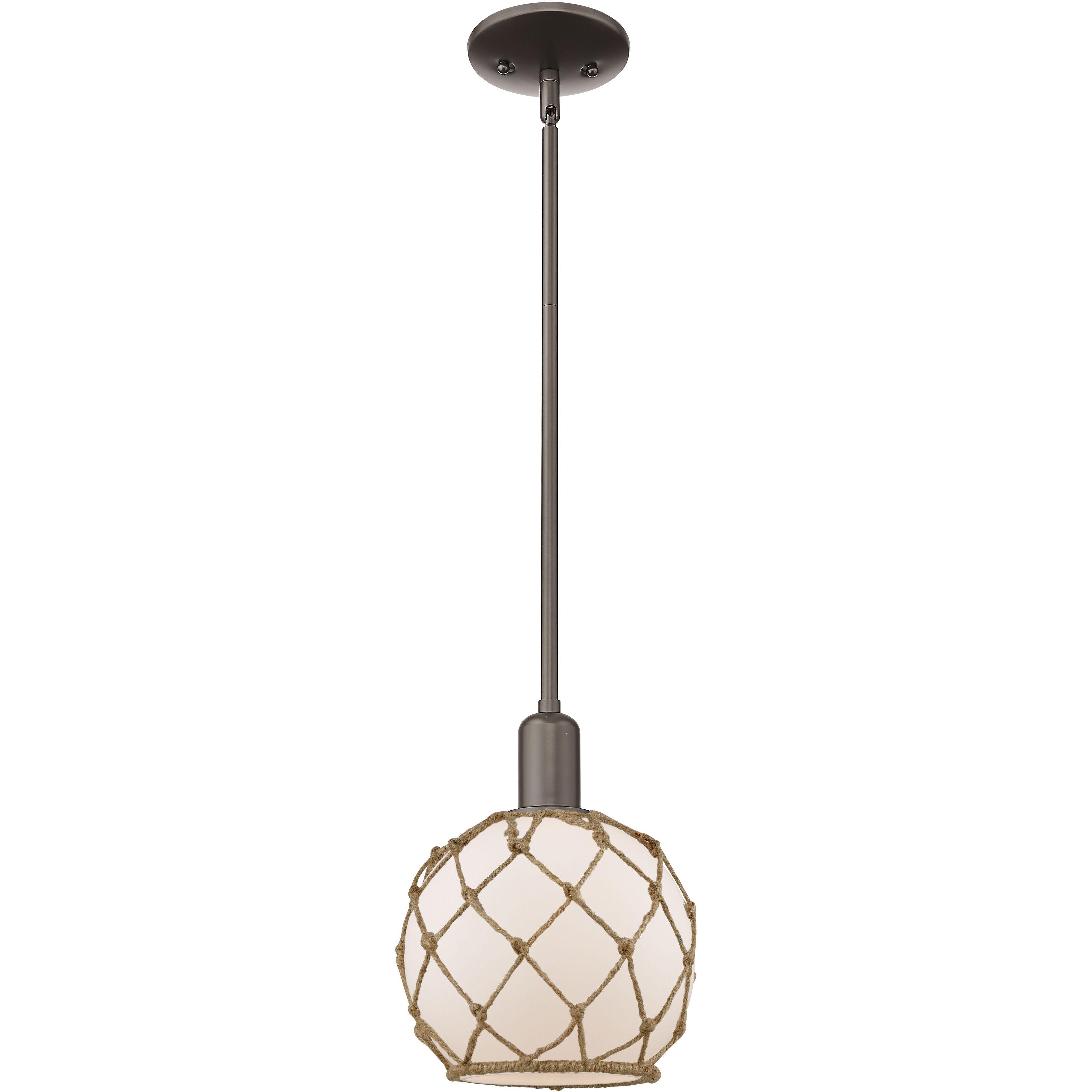 Arcadia Farmhouse Rope 1 Light 8 inch Oil Rubbed Bronze Mini Pendant Ceiling Light in White Glass with Brown Rope