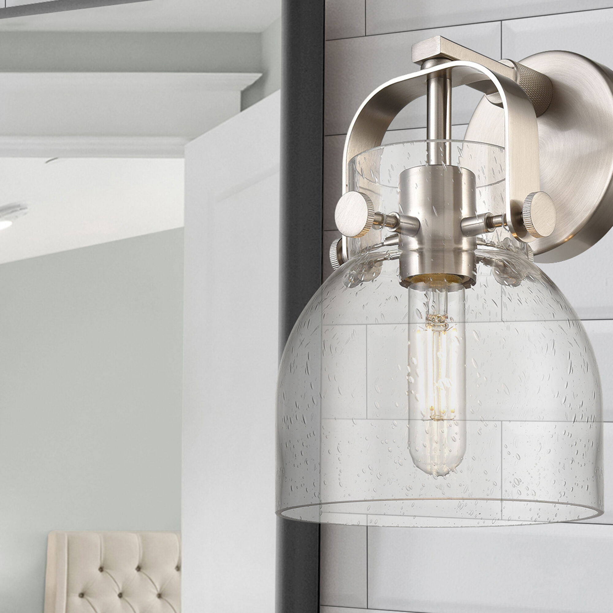 Pilaster II Bell Sconce Wall Light in Satin Nickel, Seedy Glass