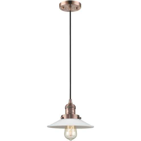 Franklin Restoration Halophane LED 8.5 inch Antique Copper Mini Pendant Ceiling Light in Matte White Halophane Glass, Franklin Restoration