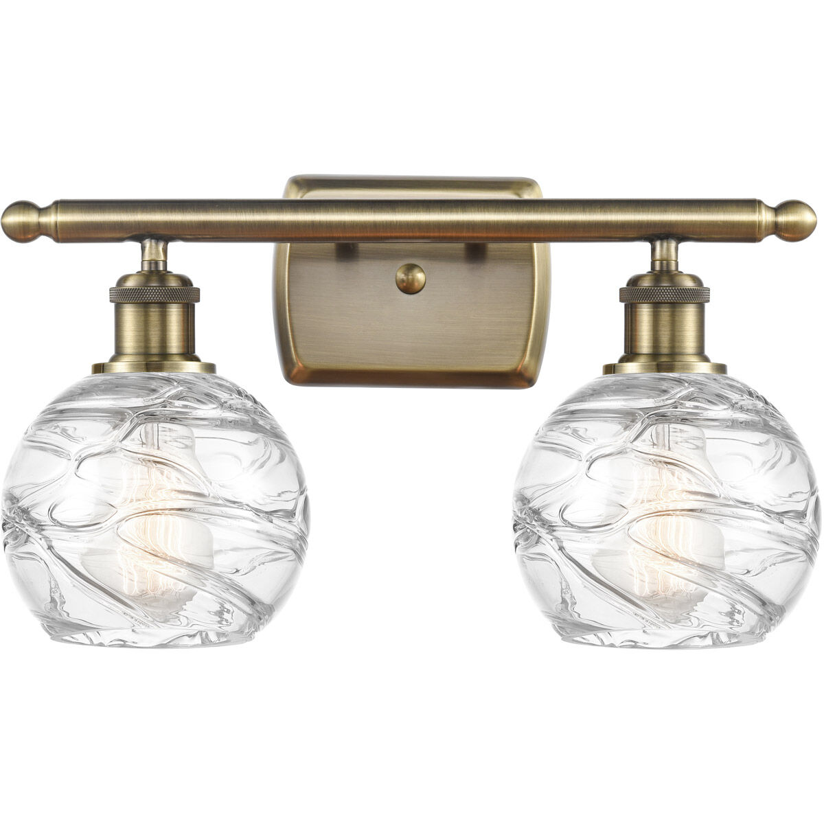 Ballston Small Deco Swirl 2 Light 16 inch Antique Brass Bath Vanity Light Wall Light in Incandescent, Small Athens, Deco Swirl Glass, Ballston
