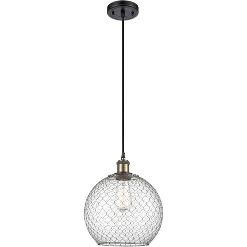 Ballston Large Farmhouse Chicken Wire LED 10 inch Black Antique Brass Mini Pendant Ceiling Light in Clear Glass with Nickel Wire, Ballston 