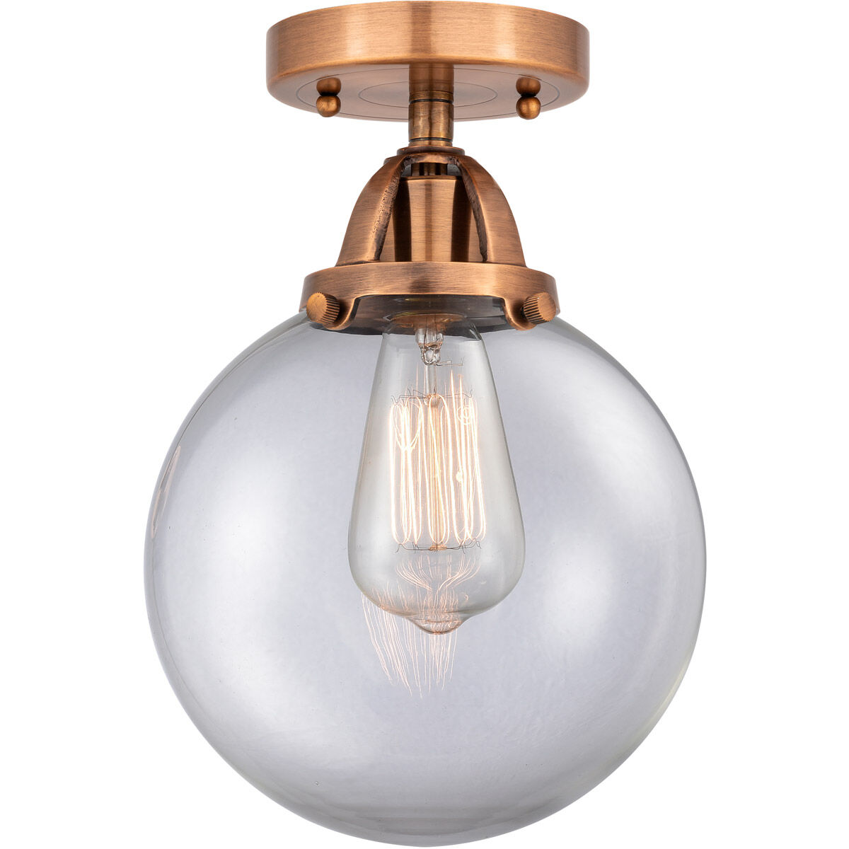 Nouveau 2 Beacon LED 8 inch Antique Copper Semi-Flush Mount Ceiling Light in Clear Glass