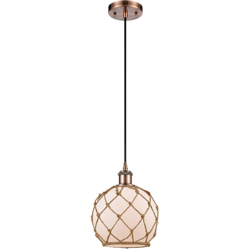 Ballston Farmhouse Rope 1 Light 8 inch Antique Copper Mini Pendant Ceiling Light in White Glass with Brown Rope, Ballston