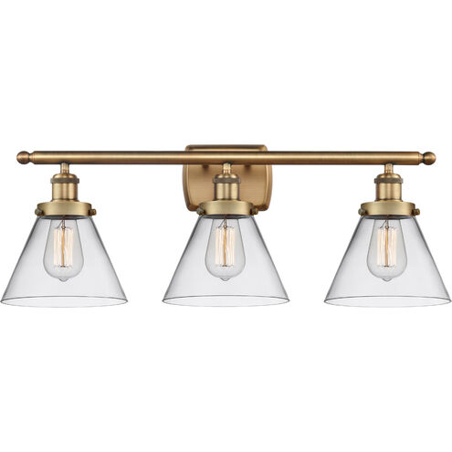 Ballston Large Cone 3 Light 26 inch Brushed Brass Bath Vanity Light Wall Light in Clear Glass