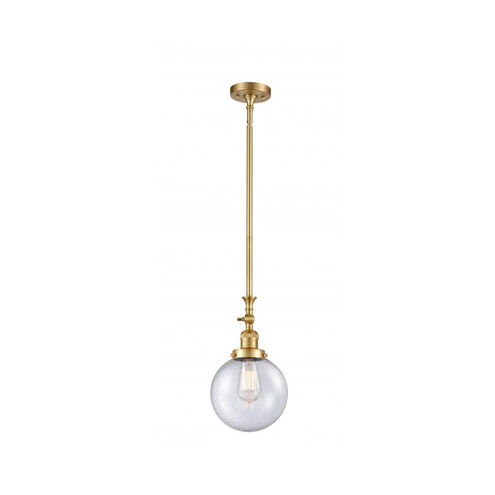 Franklin Restoration Large Beacon LED 8 inch Satin Gold Mini Pendant Ceiling Light in Seedy Glass, Franklin Restoration