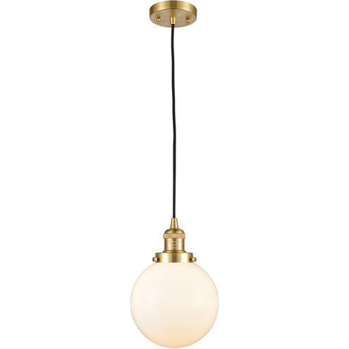Franklin Restoration Large Beacon LED 8 inch Satin Gold Mini Pendant Ceiling Light in Matte White Glass, Franklin Restoration