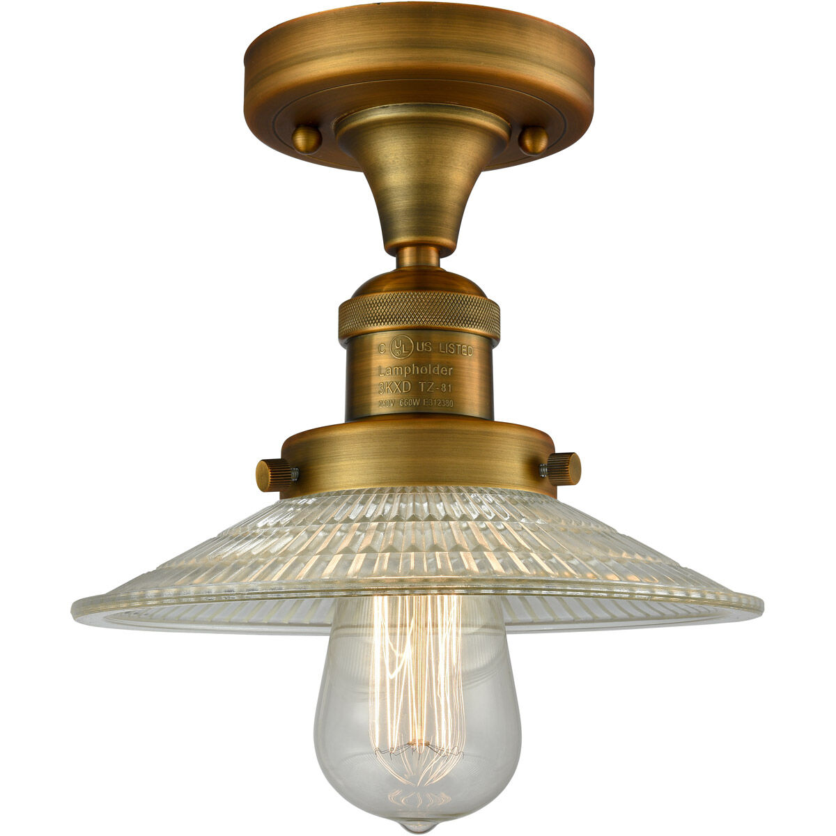 Franklin Restoration Halophane LED 9 inch Brushed Brass Semi-Flush Mount Ceiling Light in Clear Halophane Glass, Franklin Restoration