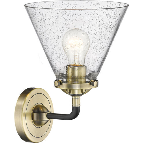Nouveau Large Cone LED 8 inch Black Antique Brass Sconce Wall Light in Seedy Glass, Nouveau