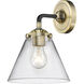 Nouveau Large Cone 1 Light 8 inch Black Antique Brass Sconce Wall Light in Clear Glass, Nouveau