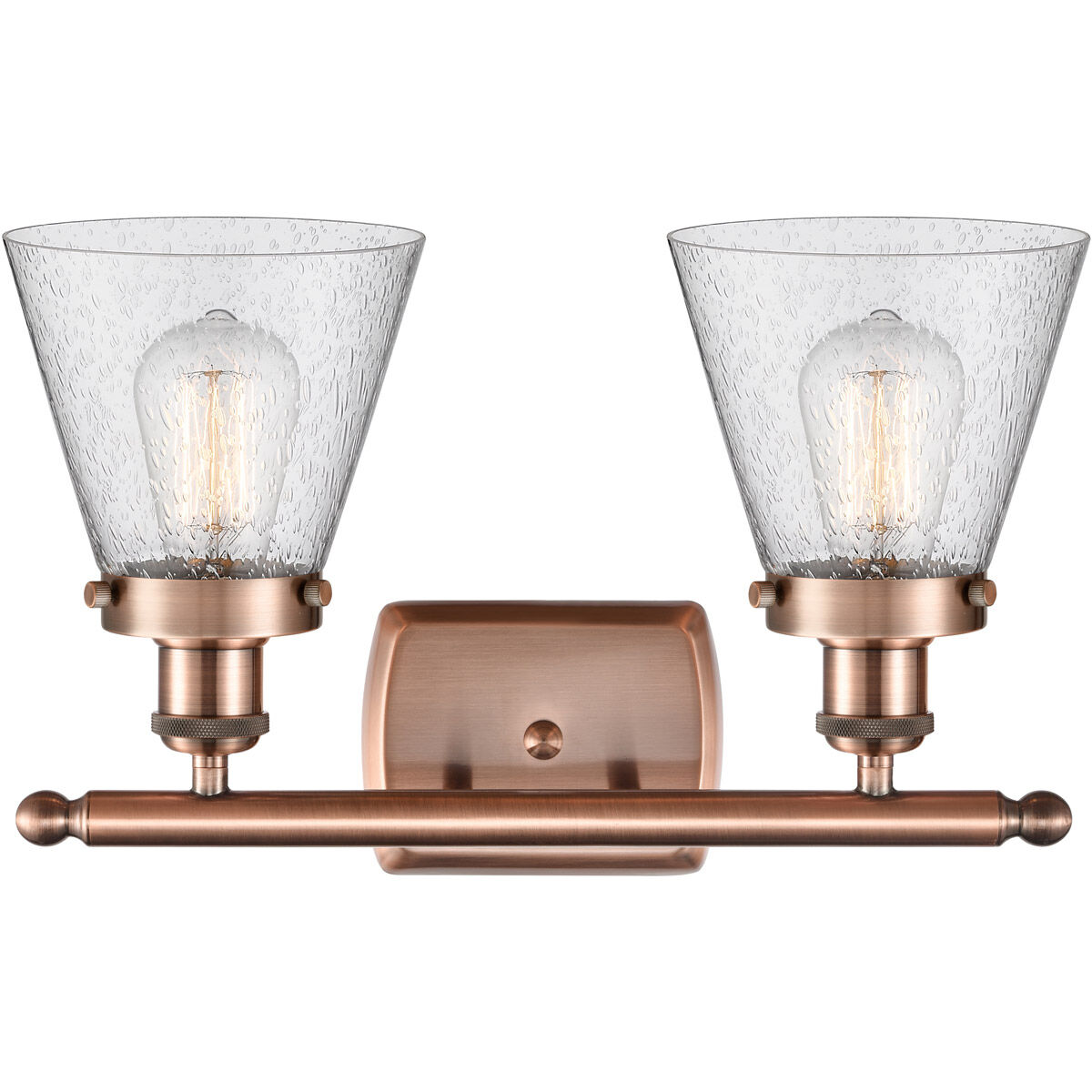 Ballston Small Cone 2 Light 16 inch Antique Copper Bath Vanity Light Wall Light in Seedy Glass