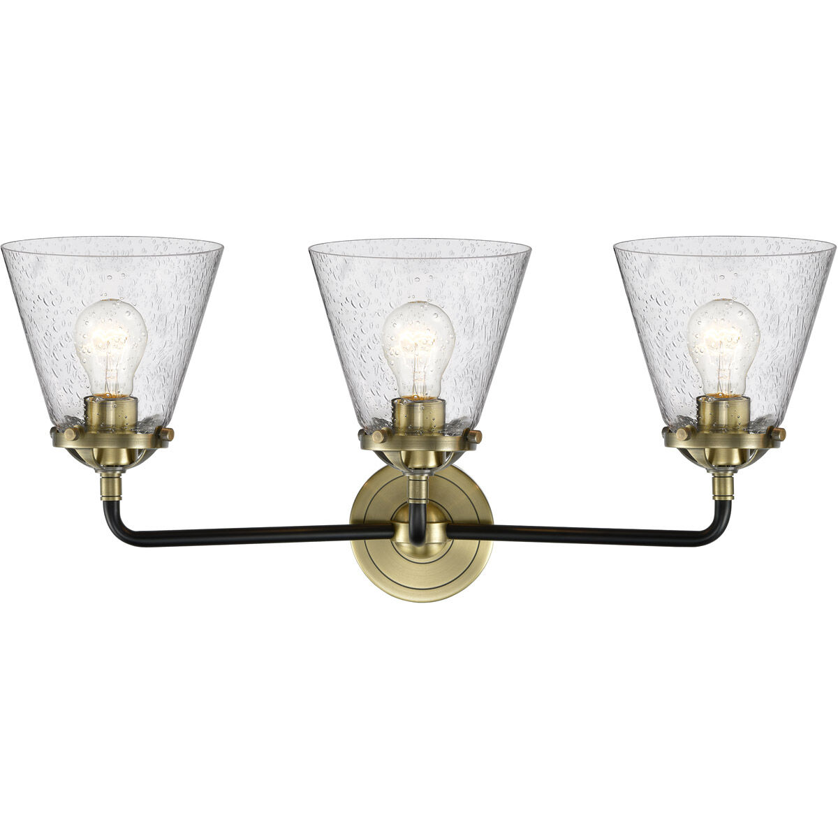 Nouveau Small Cone 3 Light 24 inch Black Antique Brass Bath Vanity Light Wall Light in Seedy Glass, Nouveau