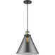 Franklin Restoration Cone LED 12 inch Black Antique Brass Mini Pendant Ceiling Light in Light Smoke Glass, Franklin Restoration