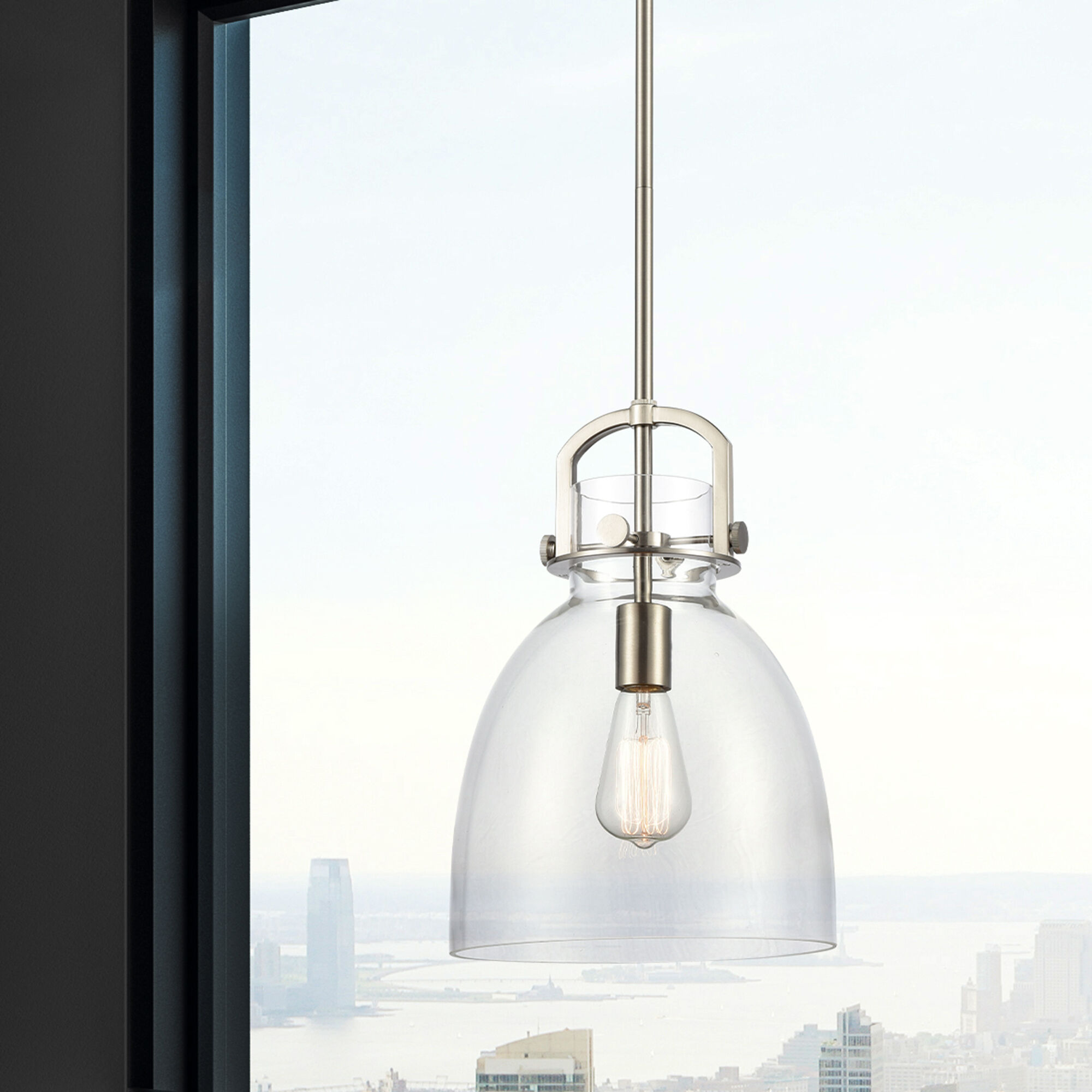 Newton Bell 1 Light 10 inch Satin Nickel Mini Pendant Ceiling Light in Clear Glass