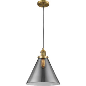 Franklin Restoration X-Large Cone LED 12 inch Brushed Brass Mini Pendant Ceiling Light in Plated Smoke Glass, Franklin Restoration
