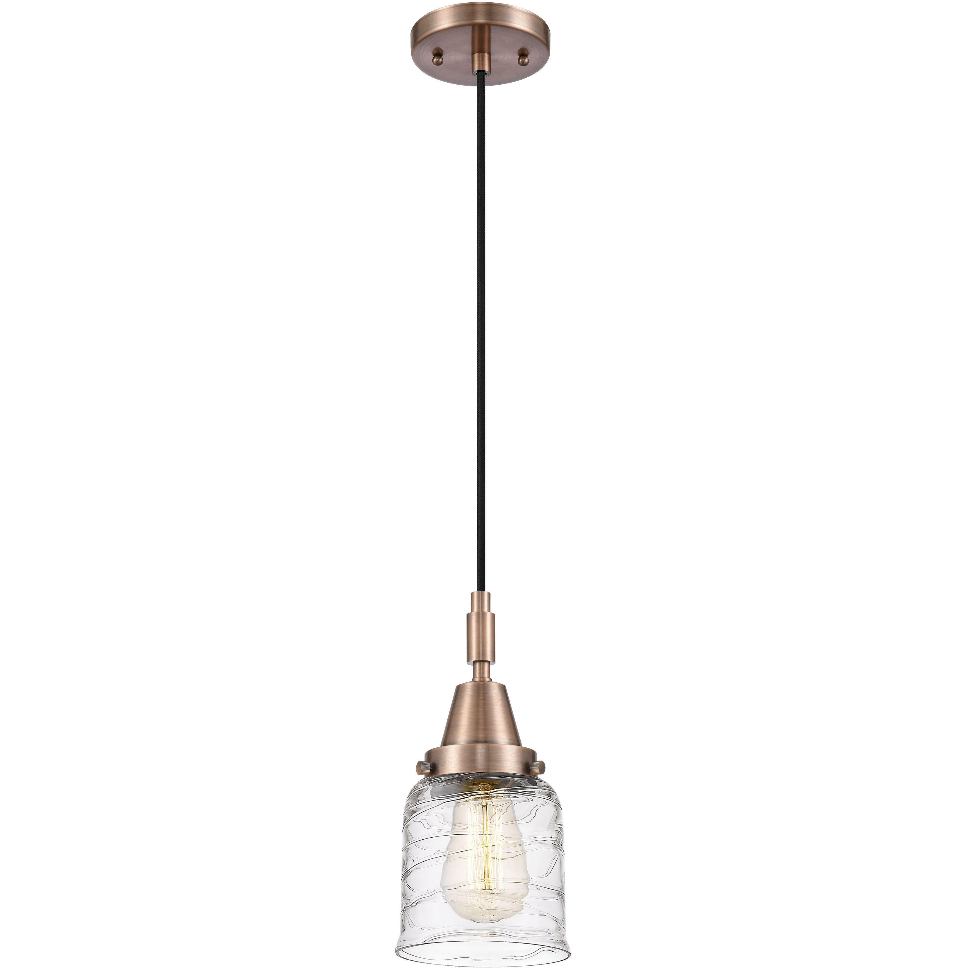 Bell 1 Light 5 inch Antique Copper Mini Pendant Ceiling Light in Clear Deco Swirl Glass
