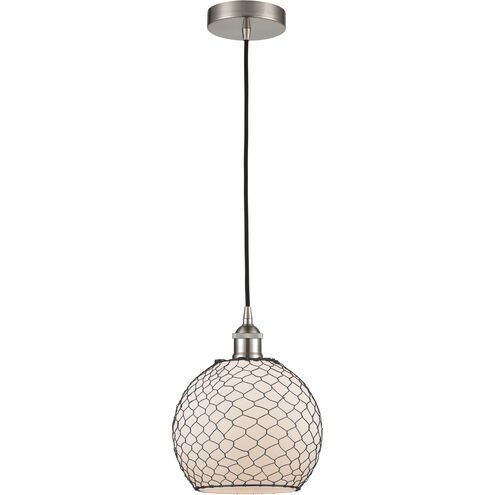 Ballston Farmhouse Chicken Wire 1 Light 8 inch Brushed Satin Nickel Mini Pendant Ceiling Light in White Glass with Black