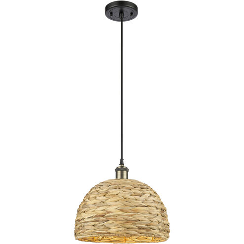 Woven Rattan 1 Light 12 inch Black Antique Brass and Natural Pendant Ceiling Light