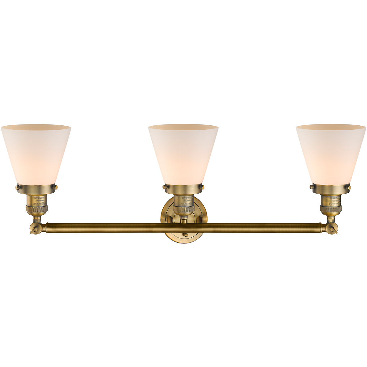 Franklin Restoration Small Cone 3 Light 30 inch Brushed Brass Bath Vanity Light Wall Light in Matte White Glass, Franklin Restoration
