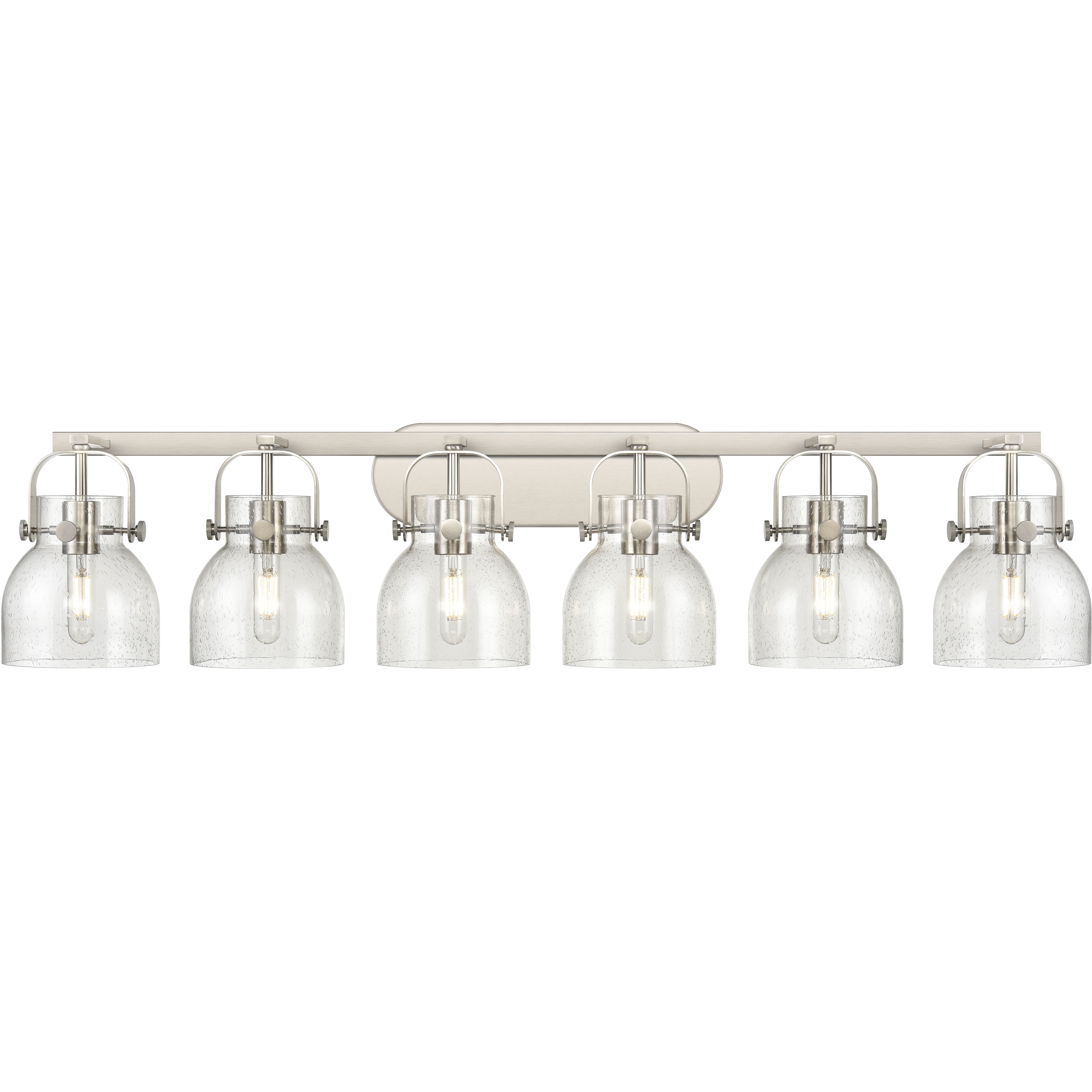 Pilaster II Bell 6 Light 45.5 inch Satin Nickel Bath Vanity Light Wall Light in Seedy Glass