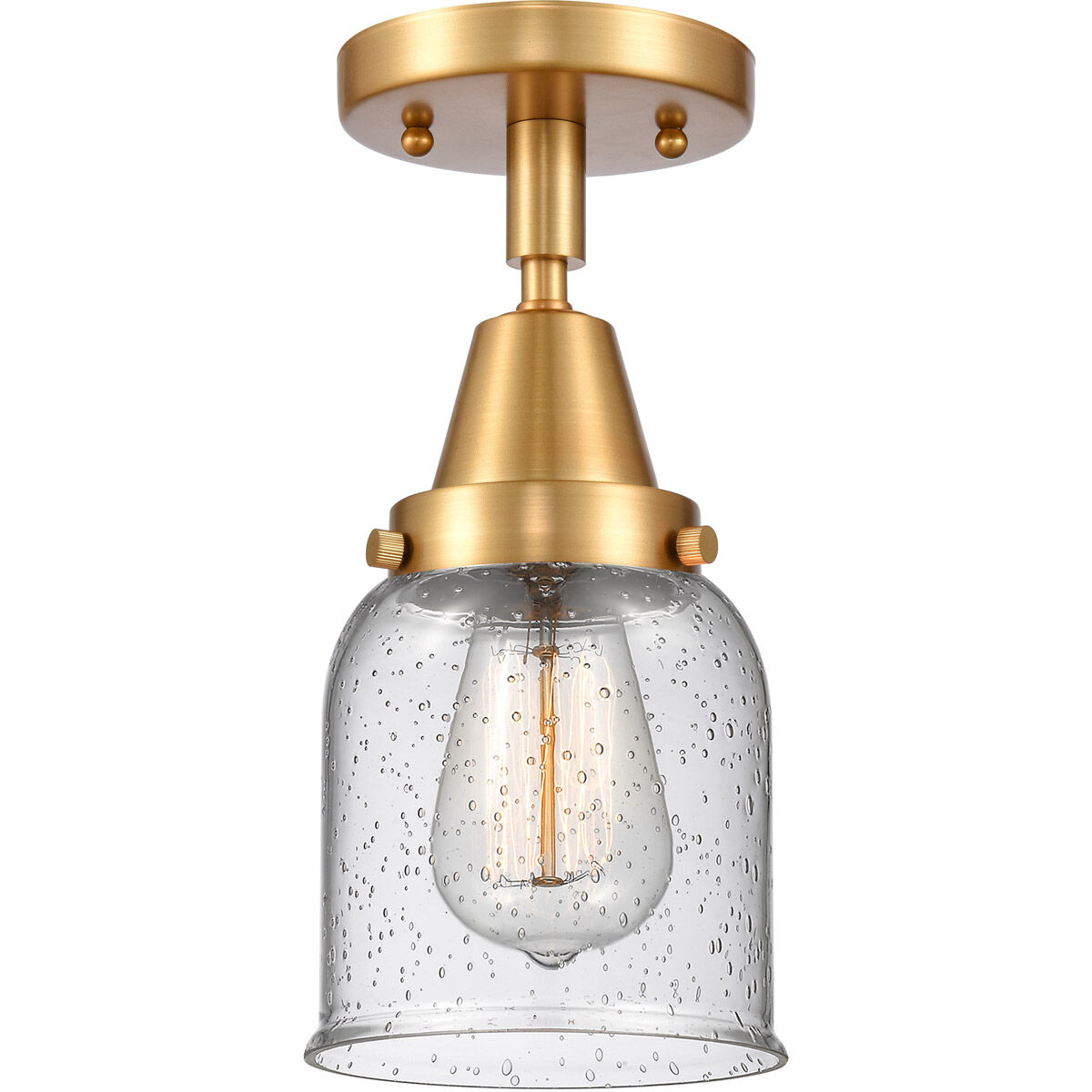 Franklin Restoration Small Bell LED 5 inch Satin Gold Flush Mount Ceiling Light in Seedy Glass