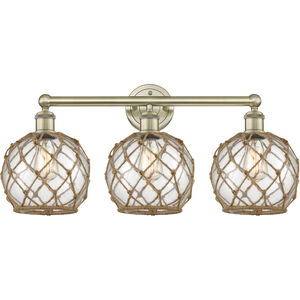 Edison Farmhouse Rope 3 Light 26 inch Antique Brass Bath Vanity Light Wall Light in Clear Glass with Brown Rope