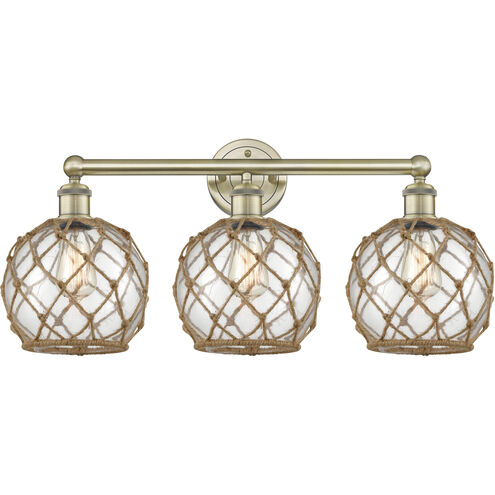 Edison Farmhouse Rope 3 Light 26 inch Antique Brass Bath Vanity Light Wall Light in Clear Glass with Brown Rope