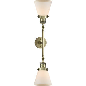Franklin Restoration Small Cone 2 Light 16 inch Antique Brass Bath Vanity Light Wall Light in Incandescent, Matte White Glass, Franklin Restoration