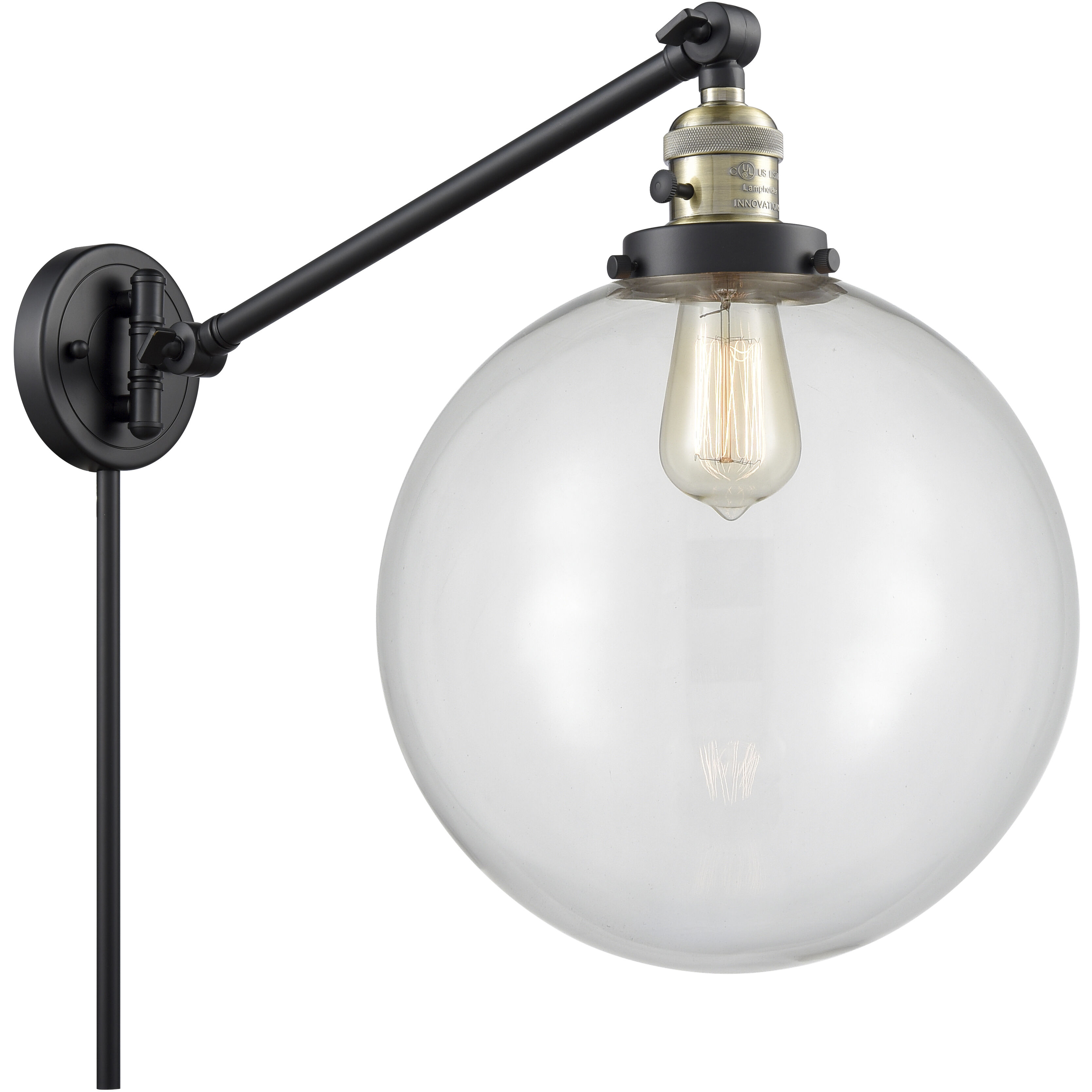 XX-Large Beacon 20 inch 100 watt Black Antique Brass Swing Arm Wall Light in Clear Glass, Franklin Restoration