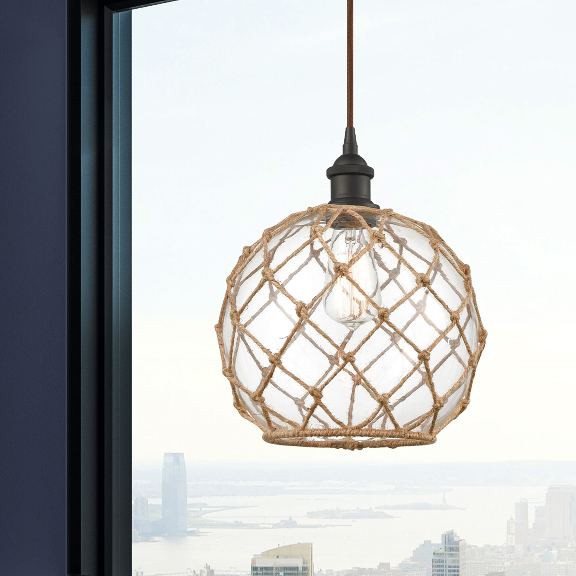 Ballston Farmhouse Rope LED 10 inch Oil Rubbed Bronze Mini Pendant Ceiling Light in Clear Glass with Brown Rope, Ballston