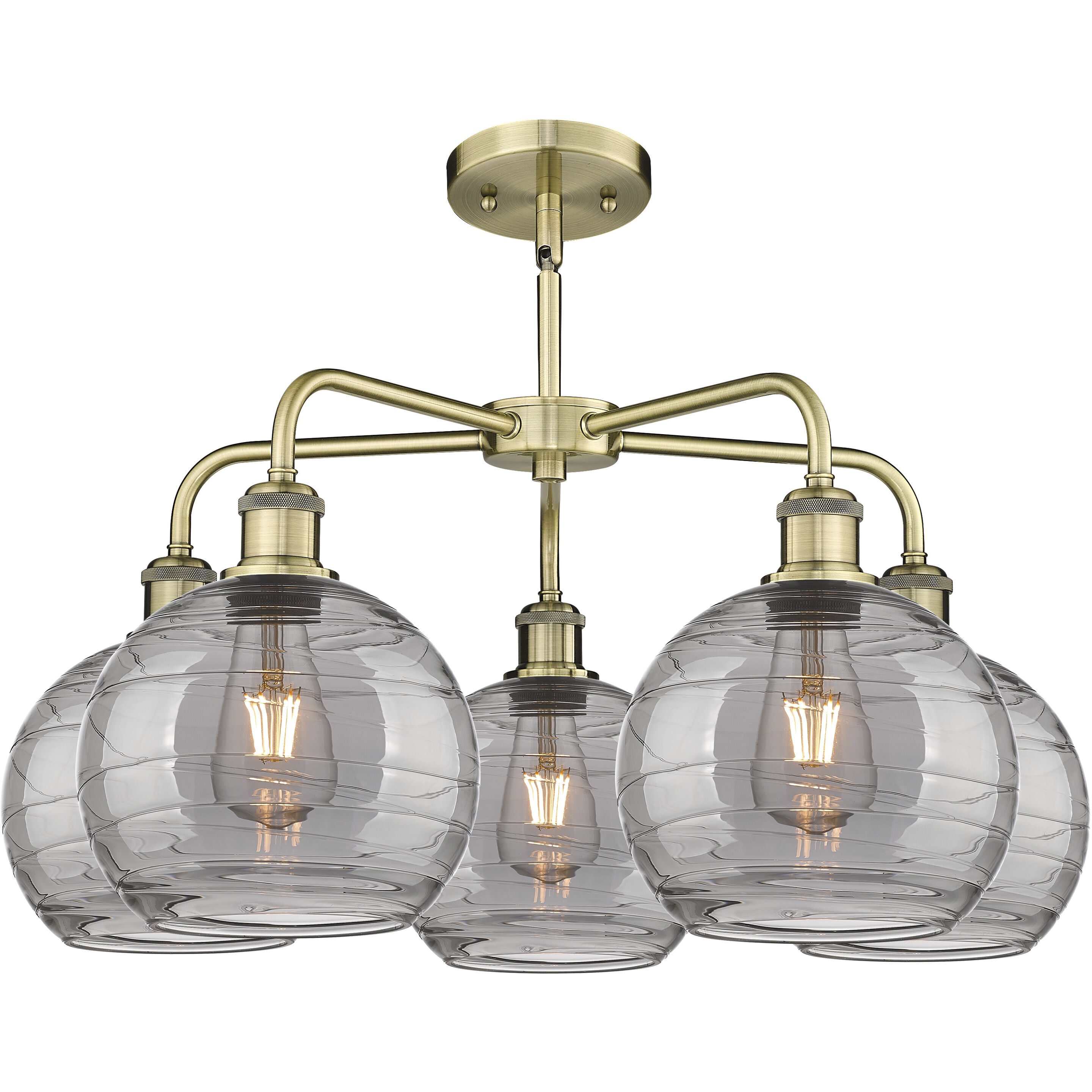 Ballston Athens Deco Swirl 5 Light 26 inch Antique Brass Stem Hung Chandelier Ceiling Light in Light Smoke Deco Swirl Glass
