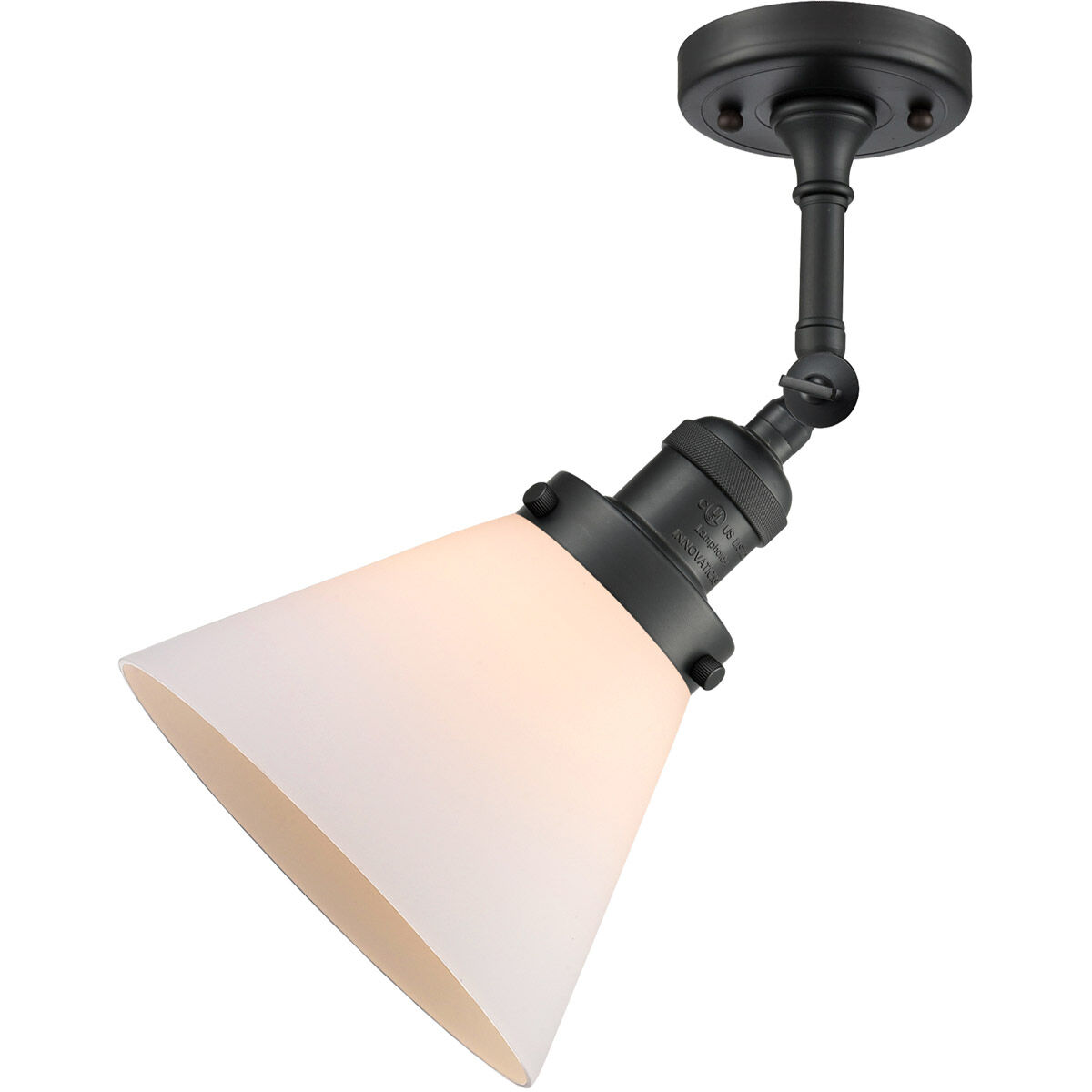Franklin Restoration Large Cone LED 8 inch Matte Black Semi-Flush Mount Ceiling Light in Matte White Glass, Franklin Restoration