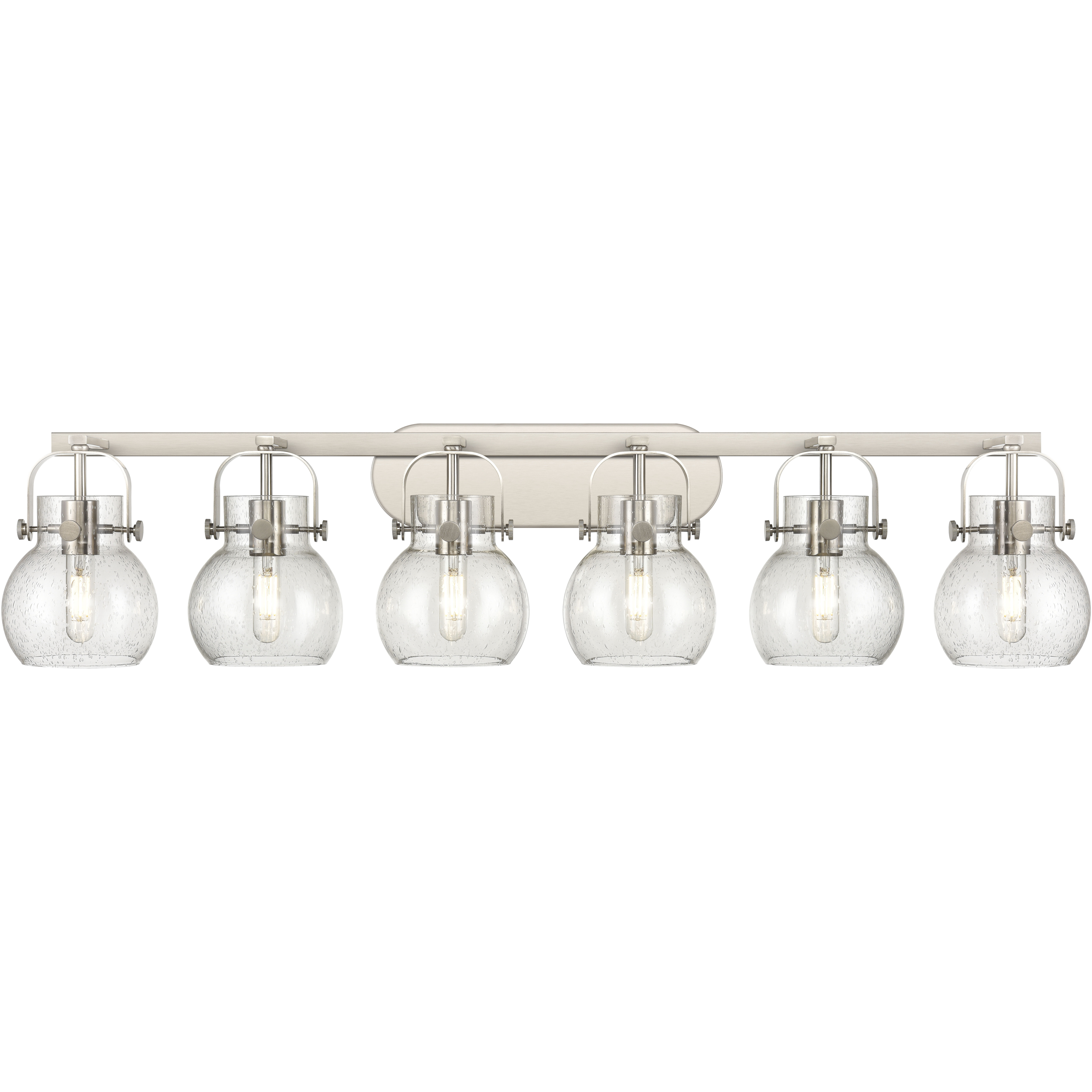 Pilaster II Sphere 6 Light 45.5 inch Satin Nickel Bath Vanity Light Wall Light in Seedy Glass