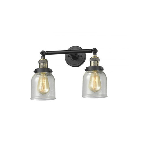 Franklin Restoration Small Bell 2 Light 16 inch Black Antique Brass Bath Vanity Light Wall Light in Seedy Glass, Franklin Restoration