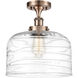 Ballston Bell LED 8 inch Antique Copper Semi-Flush Mount Ceiling Light in Clear Deco Swirl Glass